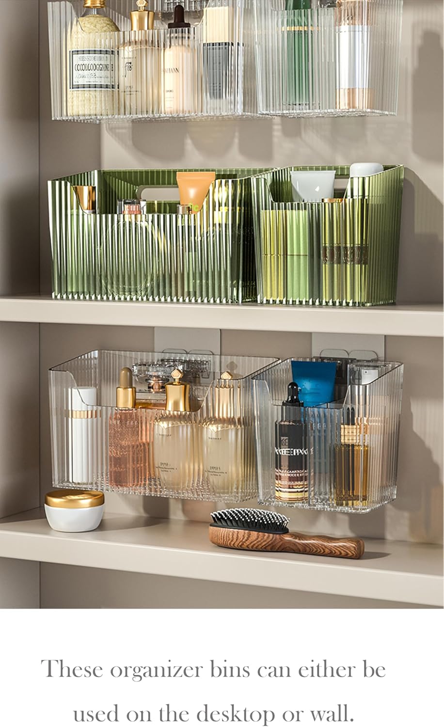Set Of 2 Storage Organizer Bins Wall Mounted Shower Basket, Shower Caddy Stackable Clear Plastic Makeup Organizer Adhesive Hanging Bin for Bathroom, Kitchen, Cabinet, Pantry, BPA Free, Green