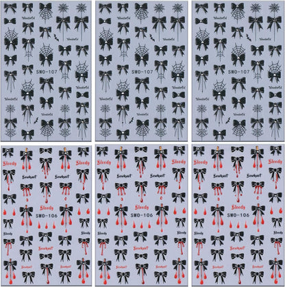 6 Sheets Halloween Nail Art Stickers 3D Self -Adhesive Black Bow Spider Web Nail Decals Holographic Bat Blood Drops Nail Stickers Halloween Nail Decoration for Women Manicure Supplies