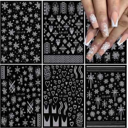 6 Sheets Glitter Silver Snowflake Nail Art Stickers 3D Christmas Nail Decals Self Adhesive Xmas Winter Nail Design Holiday Reindeer Snowflakes Nail Stickers for Women Girls Christmas Nail Decoration