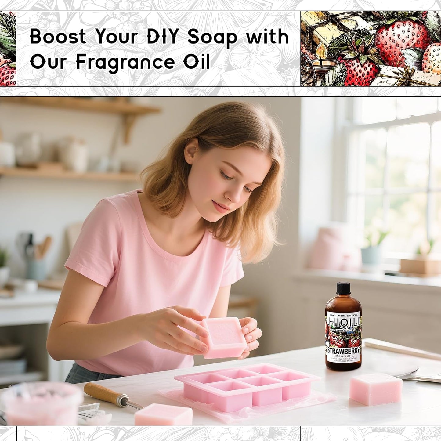 HIQILI Strawberry Fragrance Oil for Diffuser Use, Great for Candle, Soap, Body Butter Making, DIY Fruity Scent Perfume - 5.07 Fl Oz