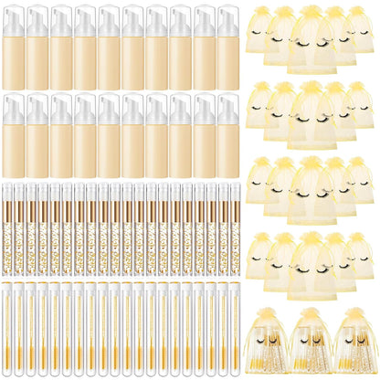 Zhehao 80 Pcs Lash Shampoo Bottle Brushes Kit 20 Foam Pump Dispensers 20 Lash Shampoo Brushes 20 Eyelash Aftercare Bag 20 Cleaning Pipes, Eyelash Extension Supplies(Gold)