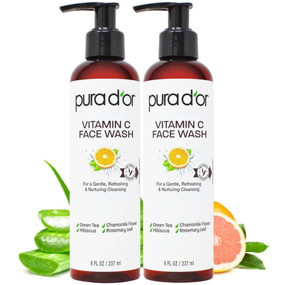 PURA D'OR Vitamin C Face Wash (8oz x2 = 16oz) Antioxidant Rich Facial Cleanser For Radiant Glow & Even Skin Tone - Gentle, Refreshing, Nurturing, Hydrating, Sulfate & Paraben Free Formula
