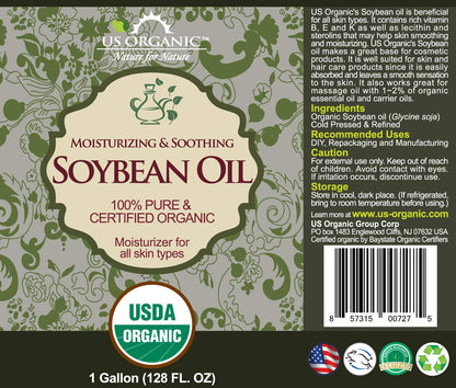 US Organic Soybean Oil bulk pack, USDA Certified Organic,100% Pure & Natural, Cold Pressed, Non GMO, Size for DIY and small manufacturers (128 oz (1 Gallon))