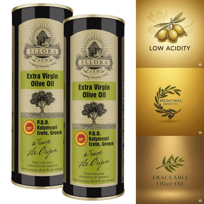 Ellora Farms, Single Estate Extra Virgin Olive Oil, PDO Crete, Greece, Traceable Olive oil, Kosher, 17 oz. Tin, Pack of 2