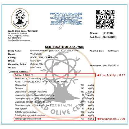 Entimio Ardente +600 mg/kg Polyphenol Rich Organic Extra Virgin Olive Oil, New 2024-2025 Early Harvest Italian Olive Oil from Sicily, Italy, 2025 Gold Winner, Cold Extracted, Lab Tested - 16.9 fl oz