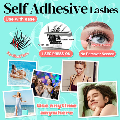 No Glue Needed Lashes, Self Adhesive Eyelashes, DIY Lash Cluster Eyelash Extensions Kit 10‑18mm,120pcs Fluffy D Curl Soft Natural Lashes with Tweezers–Fake Cat Eye Wispy Individual Clusters(NGDY101)