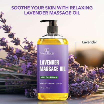 Lavender Massage Oil with Pure Lavender Oil (8 Fl Oz) Skin Tightening Massage Oil for Massage Therapy and Instant Absorption for Bum Thighs and Belly by Botanic Hearth