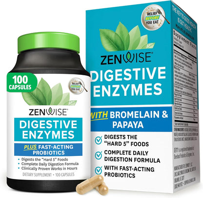 Zenwise Health Digestive Enzymes for Gut Health & Bloating Relief - Multi Enzymes Digestion Supplement with Probiotics, Bromelain & Papaya for Digestive Health Support - Men & Women - 100 Count