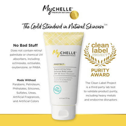 MyCHELLE Dermaceuticals Replenishing Solar Defense Body Lotion SPF 50 (6 Fl Oz) - Moisturizing Reef Safe Sunscreen with Coconut Oil and Shea Butter - Water Resistant for 80 Minutes