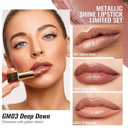 Oulac Metallic Nude Lipstick Set 3PCS, Comfortable Creamy Texture, Smooth No Grainy Feeling, Vegan & Gluten Free, Full-Coverage Lip Makeup, 3 X 4.3 g, 601+GM03+GM14