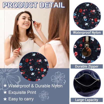 Waterproof Large Floral Makeup Pouch,Nylon Travel Toiletry Storage Purse Preppy Cosmetic Bag for Women Girl,Large Capacity Makeup Organizer Zipper Pouch for Work(L Black-Flowers)