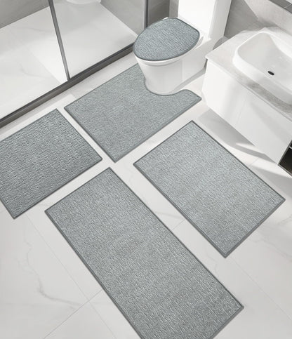 chakme Bathroom Rug Sets 5 Piece, Ultra Thin Bath Mat Quick Dry Bath Mat Set, Absorbent Bath Mat for Bathroom Non Slip Machine Washable, (Light Grey, 5 Piece)