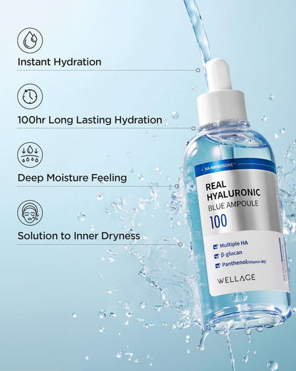 WELLAGE Real Hyaluronic Blue Ampoule 100, Korean Serum, Fragrance Free Hyaluronic Acid Ampoule with Panthenol, Wild yam, Centella for Sensitive Dry Skin Moisturizer 2.54 fl.oz