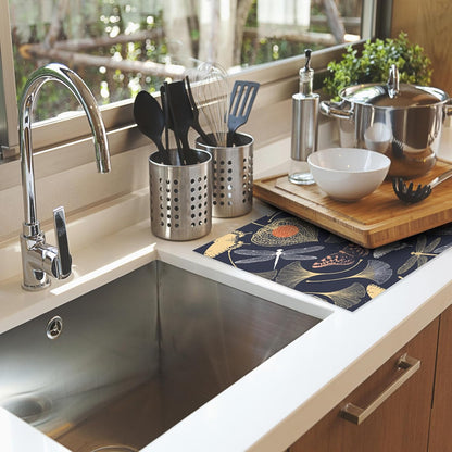 Ginkgo Leaves Dish Drying Rack Mat for Kitchen Counter,Dragonfly Butterfly Dish Drying Pad Absorbent Reversible Microfiber Protector for Coffee Bar Sink Countertops 18x24 Inch