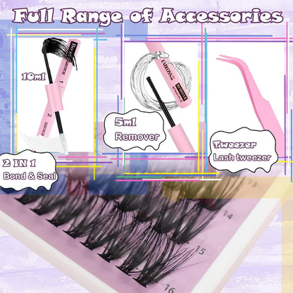Lash Clusters Kit Fluffy 280Pcs Lash Clusters DIY Eyelash Extension Kit 30D+40D Individual Lashes Clusters Kit with Lash Bond and Seal, Lash Remover, Lash Tweezers(30D+40D, 9-16mm, Kit)