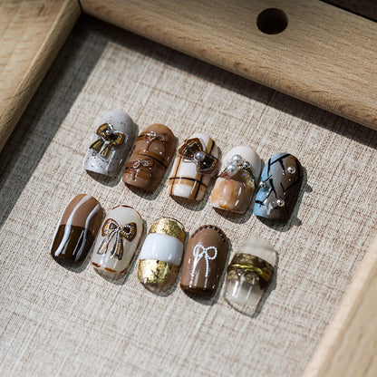 Bow Nail Stickers 5D Embossed Nail Art Decals Self-Adhesive Brown White Bows Nail Art Stickers for Women Girls Kids Nail Supplies Accessories