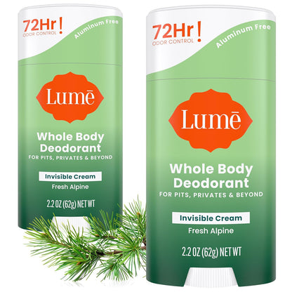 Lume Whole Body Deodorant - Invisible Cream Stick - 72 Hour Odor Control - Aluminum Free, Baking Soda Free, Skin Safe - 2.2 Ounce (Pack of 2) (Fresh Alpine)