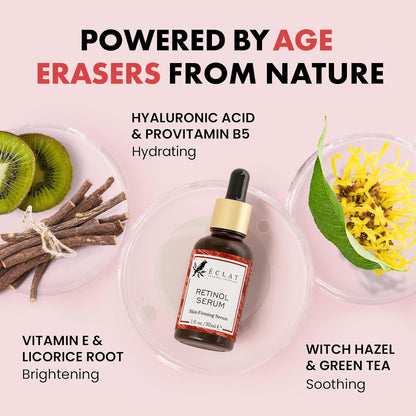 Eclat Skincare Retinol Serum for Face - Pure Retinol with Hyaluronic Acid & Vitamin E - Skin Care for Dark Spots - Anti Aging & Anti Wrinkle Formula - Resurfacing Retinoid Serum for Face 1 fl oz