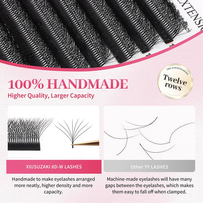 W Lash Extensions Supplies 8D Eyelash Extensions W Shape 0.07mm Thickness C Curl 15mm Premade Fans Easy Fan Lashes Volume Matte Black 12 Rows Crisscross Eye Lashes(W-8D-0.07-C,15mm)