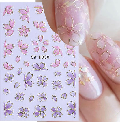 3D Flower Nail Art Stickers Decals Luxury Flower Petal Stickers with Tweezers 12 PCS Self Adhesive Pink Purple Blue Floral Gold Edge Decals Cherry Blossom Lily Summer DIY Manicure Nail Art Decoration