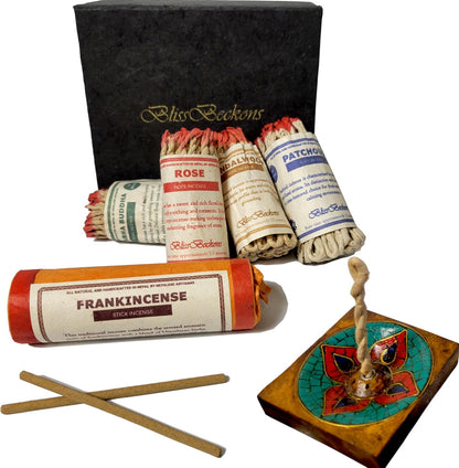 Handmade Tibetan Incense Gift Set – 150 pcs Incense Variety Pack: Frankincense, Patchouli, Sandalwood, Rose, Amitabha Buddha, Incense Holder, 4 Rope Bundles and 1 Stick Bundle
