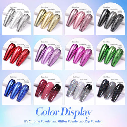 Born Pretty Mirror Chrome Nail Powder Set 12 Colors Metallic Mirror Effect Nail Powder Holographic Aurora Chameleon Pigment for Nail Art Gel Polish Mermaid Powder Decoration Sets