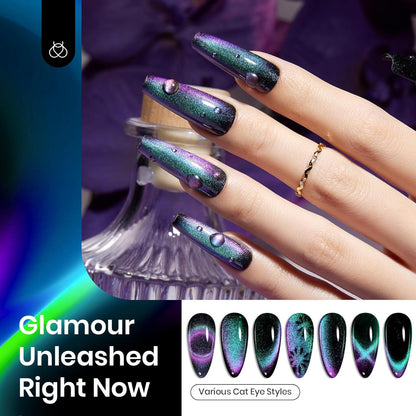 Beetles Cat Eye Chrome Nail Powder Set, 2 in 1 Holographic Metallic Mirror Effect Chameleon Galaxy Powder with No Wipe UV Gel Top Coat Magnet for Velvet Metallic Nail Art