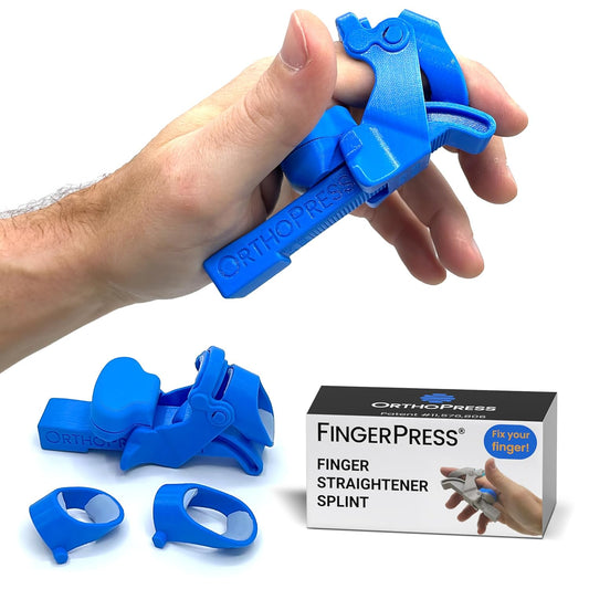 Finger Straightener | PIP Extension Orthosis/Splint For Bent Fingers, PIP Flexion Contractures | Adjustable Joint Stretcher Device | Made in USA | Blue/Large