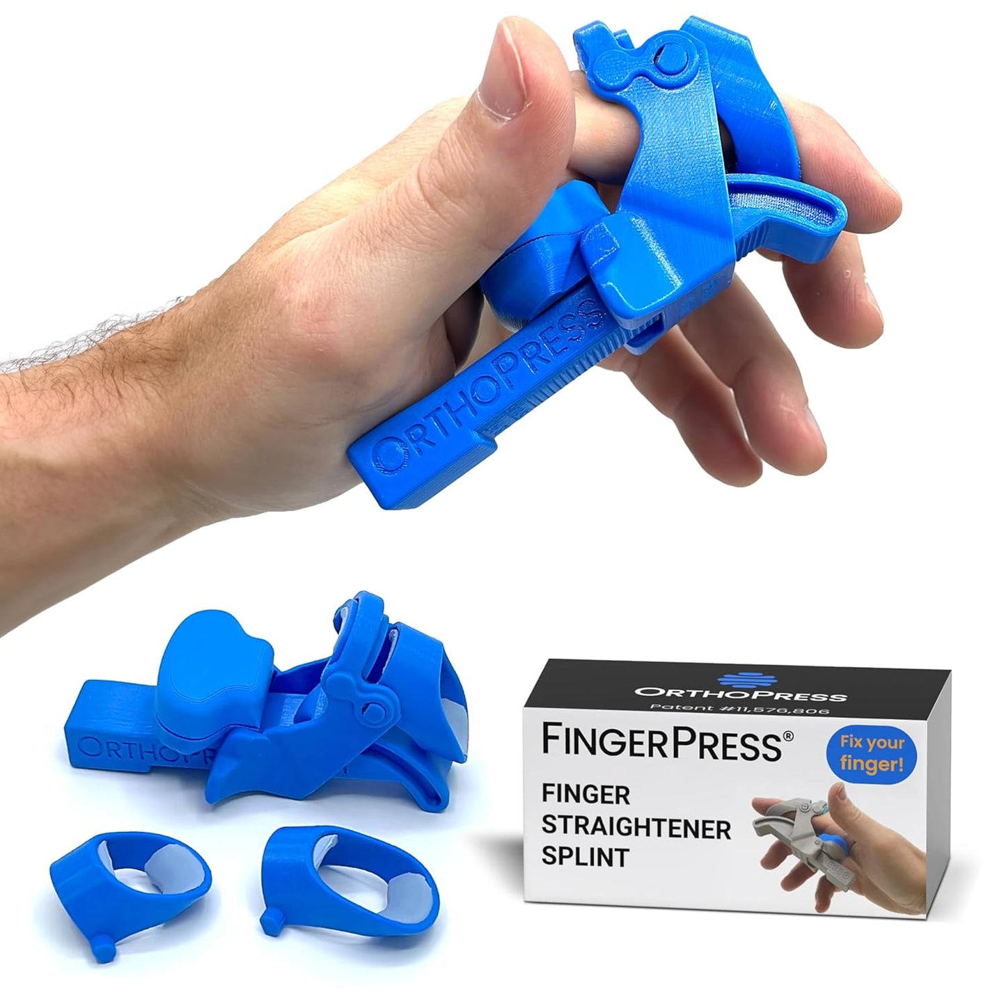 Finger Straightener | PIP Extension Orthosis/Splint For Bent Fingers, PIP Flexion Contractures | Adjustable Joint Stretcher Device | Made in USA | Blue/X-Large