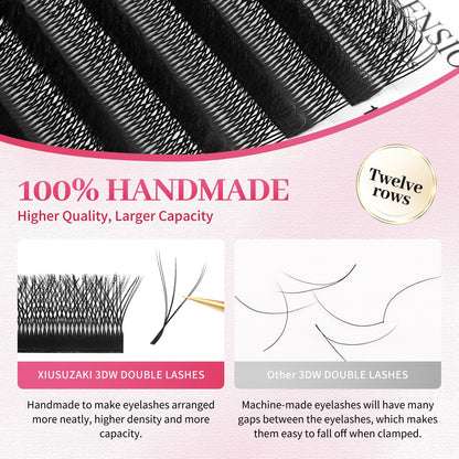 Lash Extensions Double Tips 3D Eyelash Extensions W Shape 0.07mm Thickness C Curl 10mm Premade Fans Easy Fan Volume Matte Black Crisscross Eyelashes(W-3D-Double Tips-0.07-C,10mm)