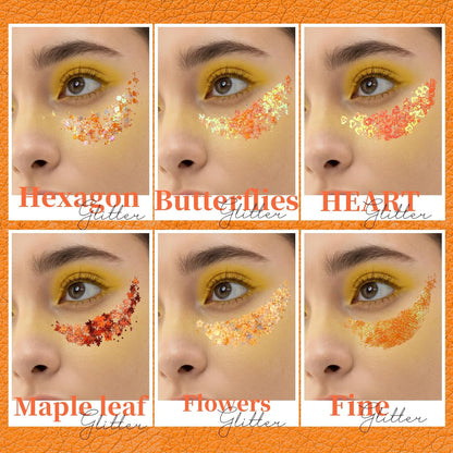 Teenitor Face Glitter, Orange Body Glitter Gel, Holographic Glitter for Face and Body, Hair, Makeup for Festival Party Cheer Makeup