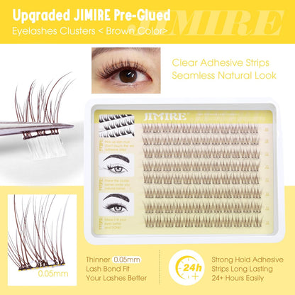JIMIRE Brown Self-Adhesive Eyelashes - Press on Lash Clusters, Natural Look, Pre-Glued, Wispy 10-12MM Individual Lashes, Clear Band, Reusable Cluster Eyelash Extension