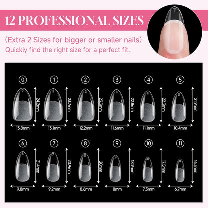 Almond Nail Tips: 504pcs Medium Almond Gel Nail Tips, Pre-shape Half Matte Short Nails Full Cover Clear Press On Acrylic Fake Nails for Nail Extension Nail Art 12 Sizes