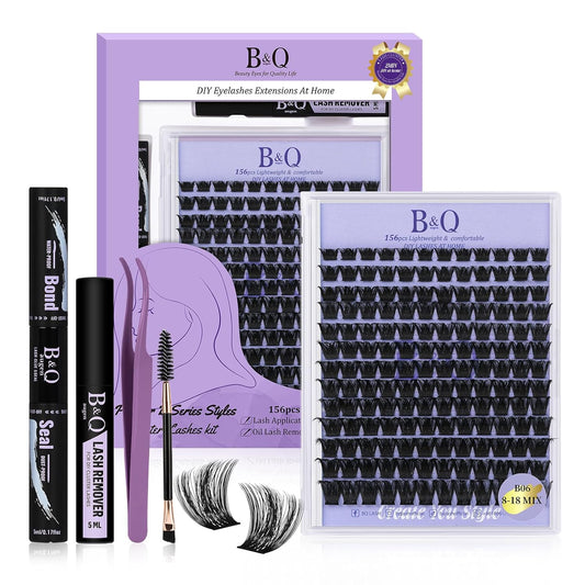 Lash Extension Kit B06 Eyelash Extension Kit B&Qaugen DIY Lash Extension Kit 156 PCS Lash Clusters 8-18mm Cluster Eyelash Extensions Kit with Lash Bond and Seal Lash Applicator Tool (Kit,B06)