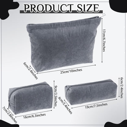 3 Pcs Makeup Bag Set for Women Corduroy Cosmetic Pouch Aesthetic Smile Travel Toiletry Bag Cute Purse Pouch Pencil Case Makeup Brushes Storage Organizer for Christmas(Gray,Solid Style)