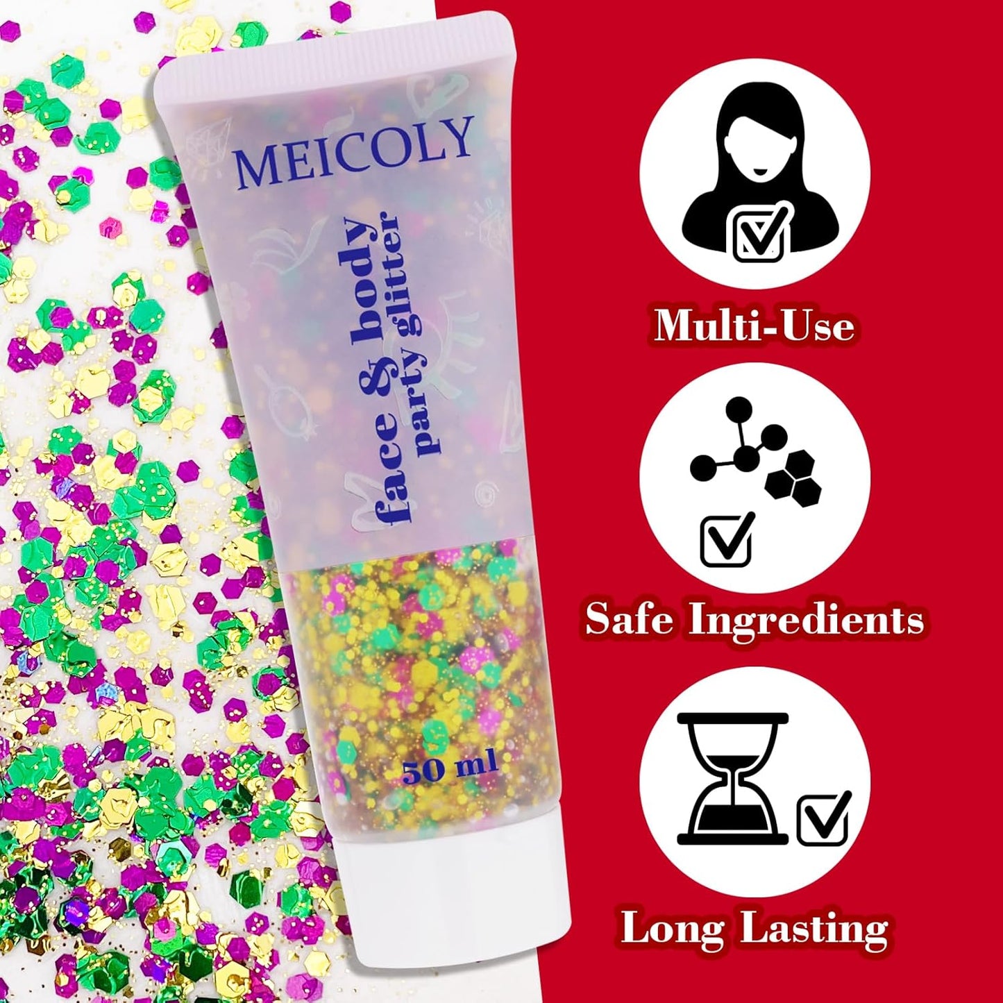 MEICOLY Mardi Gras Face Glitter,Mardi Gras Outfit for Women Kids,Mardi Gras Accessories for Carnival,Gold Green Purple Mixed Chunky Glitter,Rave Festival St Patricks Day Glitter for Face/Body/Hair