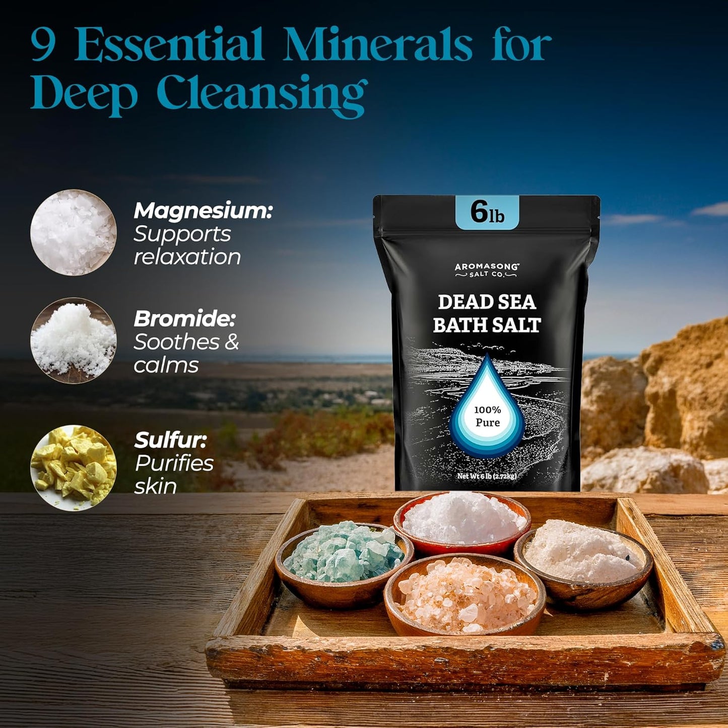 Aromasong Dead Sea Salt Bath Soak 6 Lbs. Bulk Pack – 100% Natural Dead Sea Salts for Soaking, Relaxation, and Detoxification of Skin, Dead Sea Salts for Bath to Rejuvenate and Refresh.