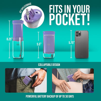 GuruNanda Compact Water Dental Flosser, Portable Travel Size Oral Irrigator Flosser with Collapsible 180 ml Tank, Smart Timer, 4 Flossing Modes, TSA-Approved - Lavender