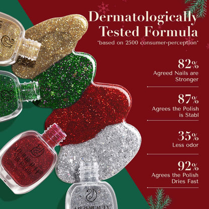 AZUREBEAUTY Nail Polish Set, 4 Colors Christmas Glitter Red Green Gold Silver Quick Dry Natural Fingernail Lacquer Strengthening Treatment Kit with Top Coat DIY Salon at Home