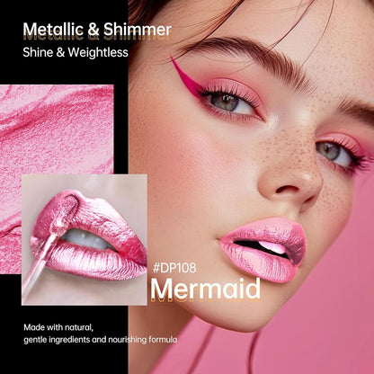 Pink Lipsticks for Women Metallic Lipstick Long Lasting Non Stick Cup Lip Gloss, Shimmer Lightweight Hydrating Full Coverage Lip Color, DP108 Mermaid