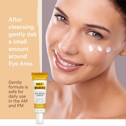 LILY SADO MILK+MANUKA™ Eye Repair Cream - Anti-Aging Natural Gentle Formula w/Coconut Milk, Manuka Honey, Sodium Hyaluronate & VITS C, B5 & E - Prevents Puffiness, Under-eye Wrinkles & Eye Bags - 1oz