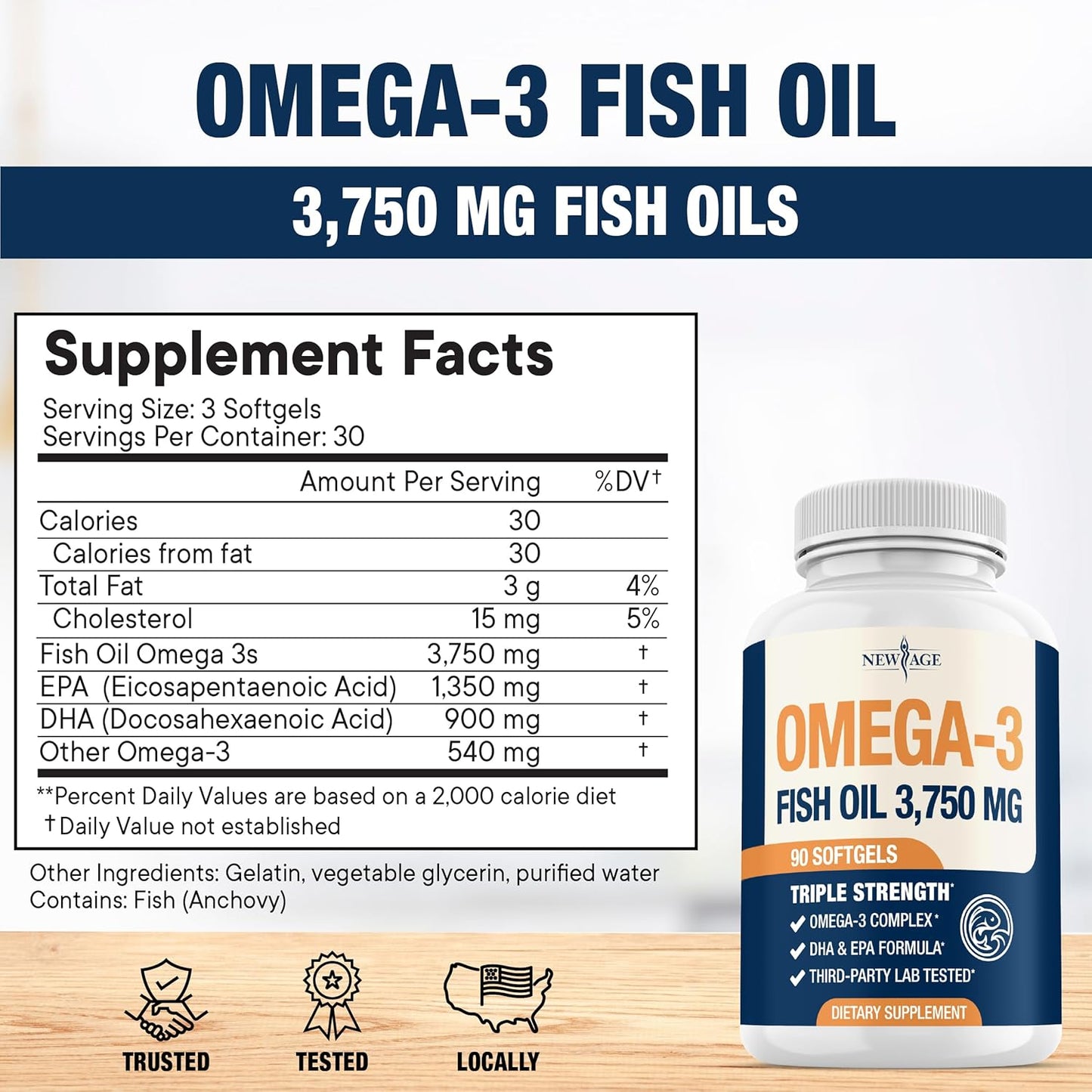 Triple Strength Omega 3 Fish Oil 3750 mg - EPA & DHA - Over 3000mg Omega-3 Fatty Acids - 1350mg EPA + 900mg DHA - Best Essential Fatty Acids, Burpless Fish Oil - 180 Count
