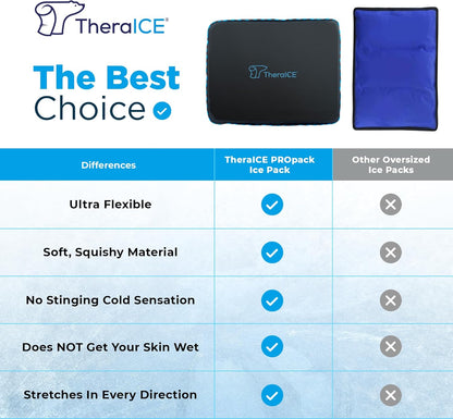 TheraICE PROpack Ice Pack for Injuries, Reusable Soft Multipurpose Cold Gel Ice Pack for Muscular Back Pain, Shoulder, Hip, Knee - Flexible Cold Compress Wrap for Minor Aches & Pains - 9 x 12