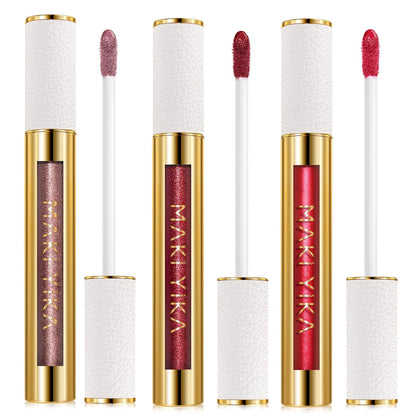 MAKI YIKA 3Pc Metallic Lipstick Long Lasting Nude Pink Red Glitter Lipsticks High Shine Lipstick No Smudge No Transfer Liquid Lip Gloss (Nude/Pink/Red)