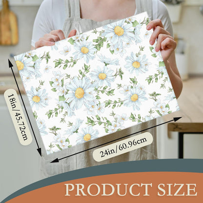 White Chamomile Flowers Dish Drying Rack Mats Decor, Dish Pad Drying Mat Kitchen Counter 18x24 Inch Absorbent Reversible Microfiber for Coffee Bar Sink Countertop
