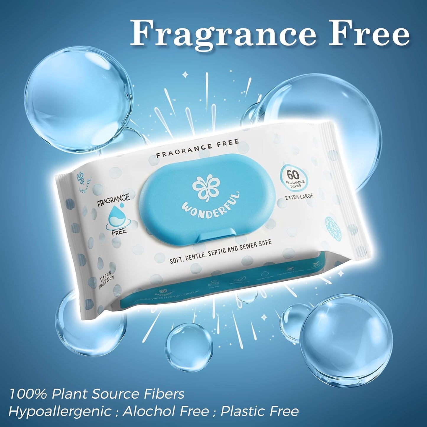 WONDERFUL Flushable Butt Wipes, Unscented 100% Plant-Based Wet Wipes for Adults & Kids, Sewer & Septic Safe, Gentle for Sensitive Skin, Wipes Flushable Pack for Bathroom & Travel, 3-Pack (180 Wipes)