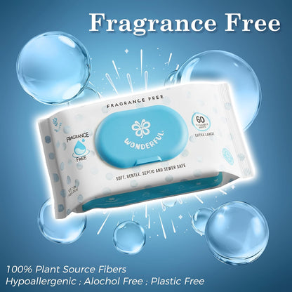 WONDERFUL Flushable Butt Wipes, Unscented 100% Plant-Based Wet Wipes for Adults & Kids, Sewer & Septic Safe, Gentle for Sensitive Skin, Wipes Flushable Pack for Bathroom & Travel, 1-Pack (60 Wipes)