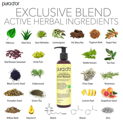 PURA D'OR 8 Oz Original Gold Label Anti-Thinning Biotin Shampoo Natural Earthy Scent, CLINICALLY TESTED Effective Results, Herbal Blend Hair Thickening Products, Women & Men, Color Treated Hair