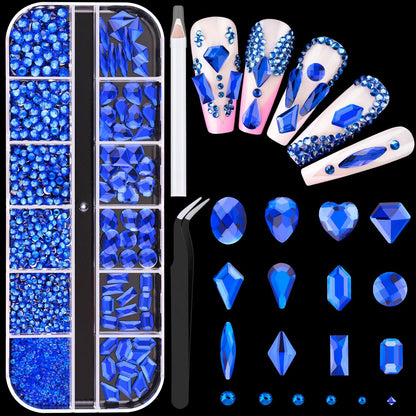 2060Pcs Royal Blue Glass Nail Rhinestones 60Pcs Multi Shapes Flatback Nail Gems + 2000Pcs 1.5-4mm Round Crystal, Manicure Nail Charms Diamond Gemstones for Acrylic Nails Decoration