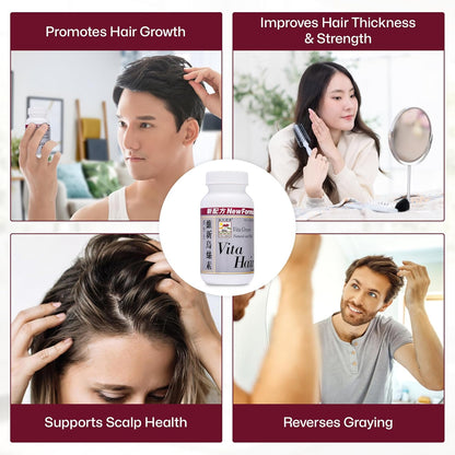 Vita Hair Growth & Hair Loss Supplement - 100% Natural Herbs Potent Formula for Graying Thinning Hair - Stimulate New Hair Follicles - 90 Capsules